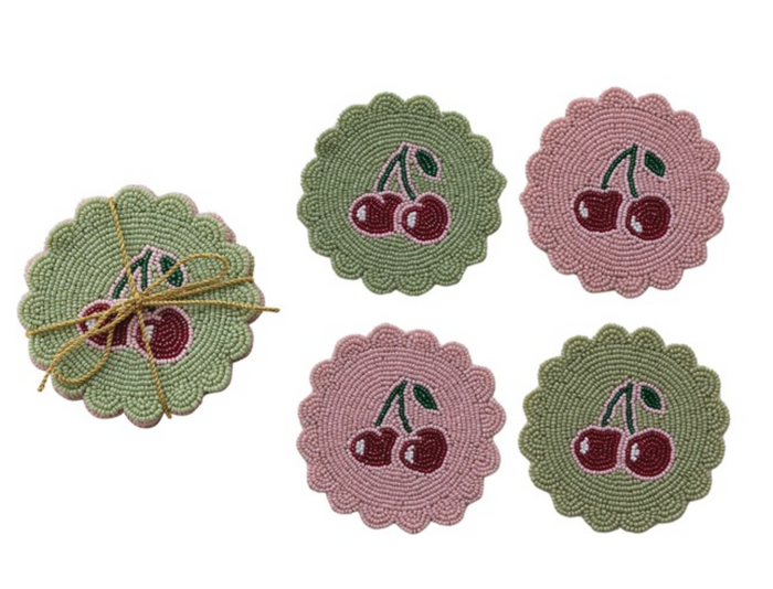 4" ROUND BEADED CHERRY COASTERS  - SET OF 4