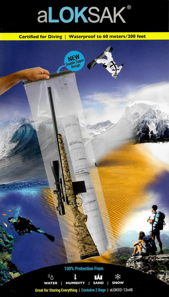 aLOKSAK Resealable Waterproof Firearm Bag Certified to 60 Meters 12" x 48" - 2 Pack — diving-ready waterproof bag packaging with resealable double-zip design for storing firearms, proofed for water/air/dust/humidity