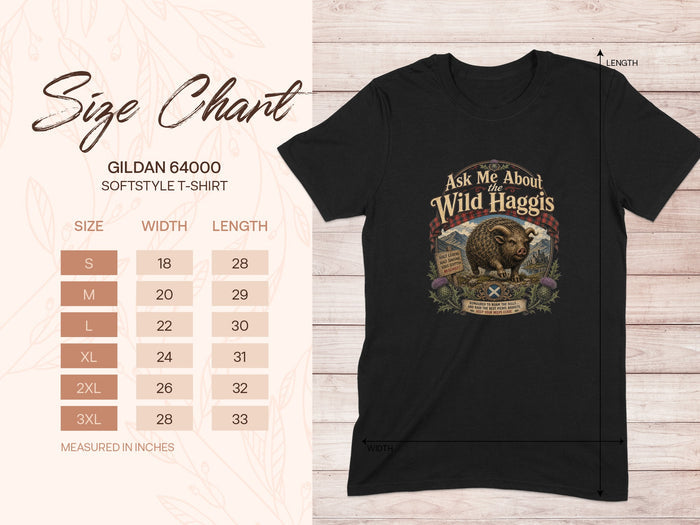 Black t-shirt with "Ask Me About the Wild Haggis" graphic and size chart.