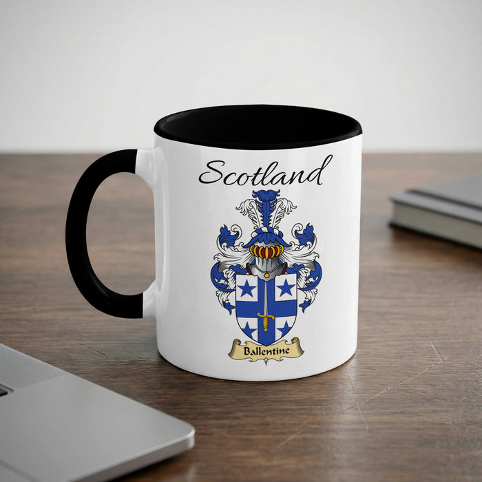 Ballentine Scottish family crest accent mug with Scotland lettering and coat of arms artwork