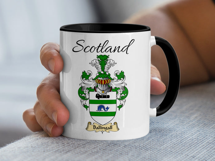 Ballingall Scottish family crest accent mug with Scotland above the coat of arms design