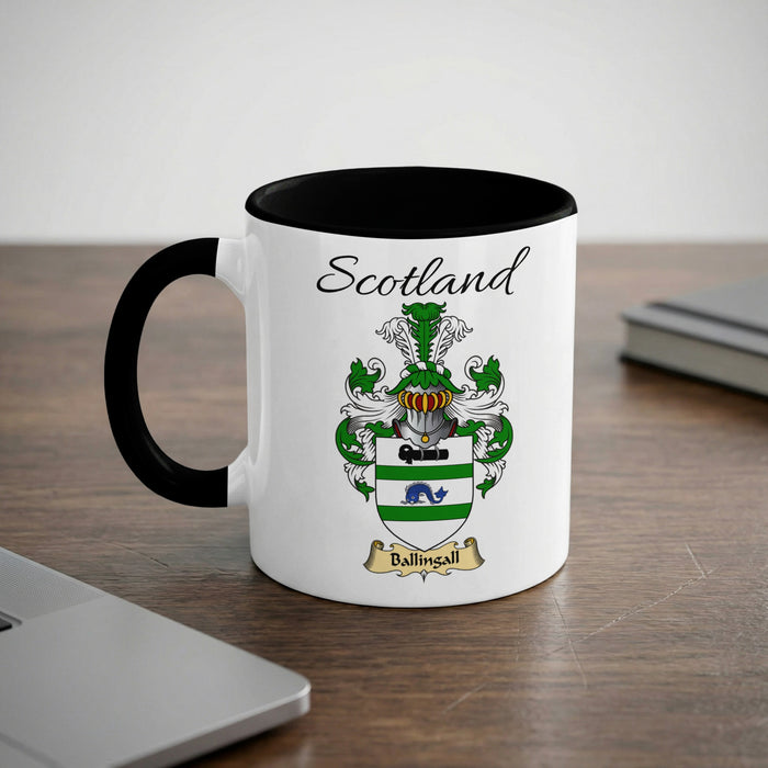 Ballingall Scottish family crest accent mug with Scotland lettering and coat of arms artwork
