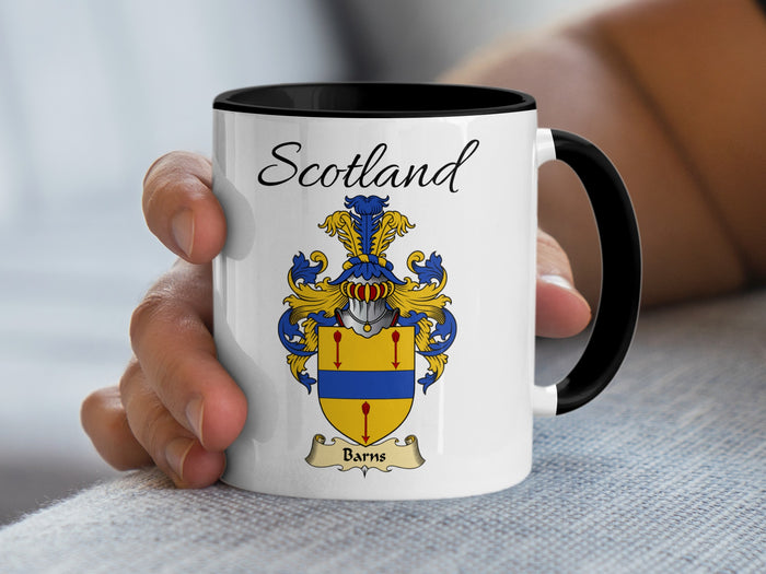 Barns Scottish family crest accent mug with Scotland above the coat of arms design