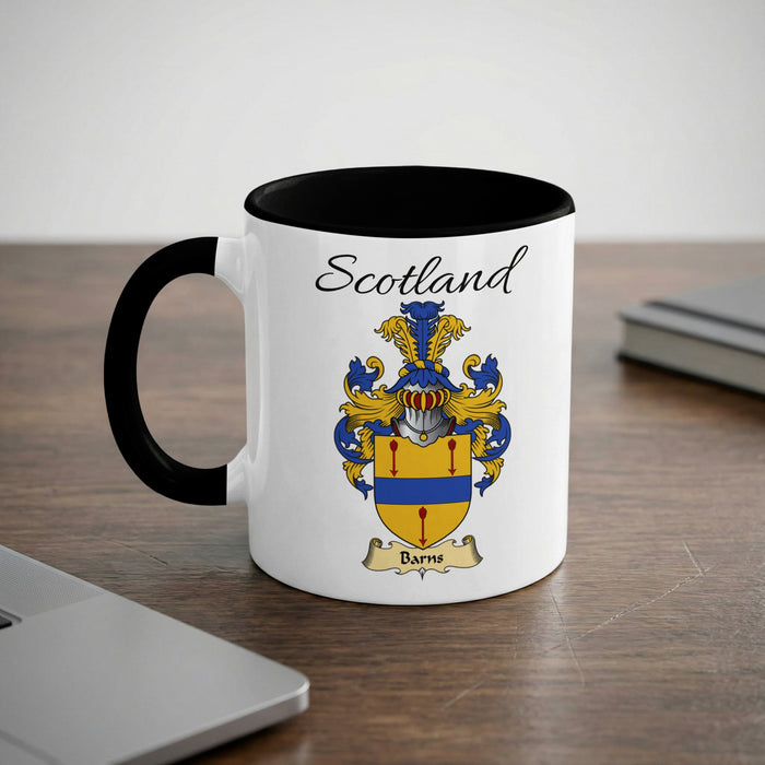 Barns Scottish family crest accent mug with Scotland lettering and coat of arms artwork