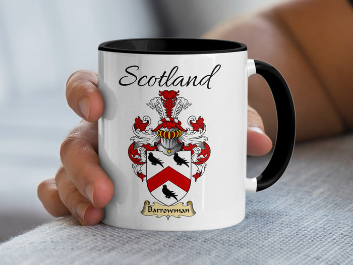 Barrowman Scottish family crest accent mug with Scotland above the coat of arms design