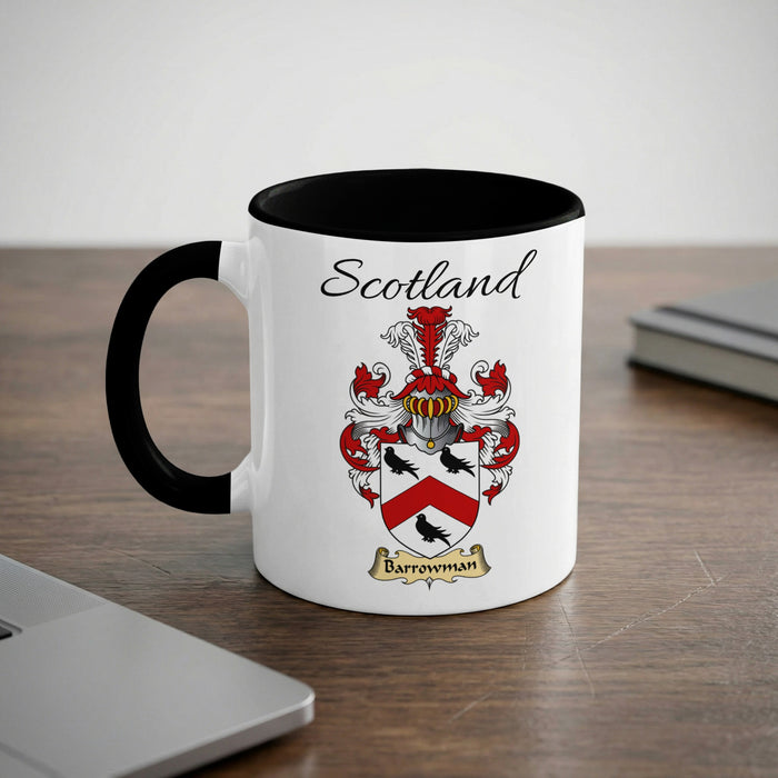 Barrowman Scottish family crest accent mug with Scotland lettering and coat of arms artwork