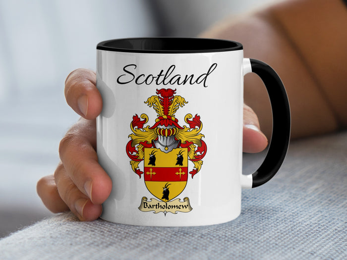 Bartholomew Scottish family crest accent mug with Scotland above the coat of arms design