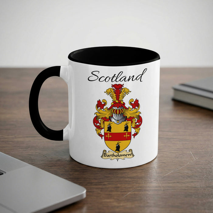 Bartholomew Scottish family crest accent mug with Scotland lettering and coat of arms artwork