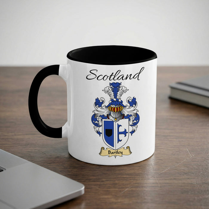 Bartley Scottish family crest accent mug with Scotland lettering and coat of arms artwork