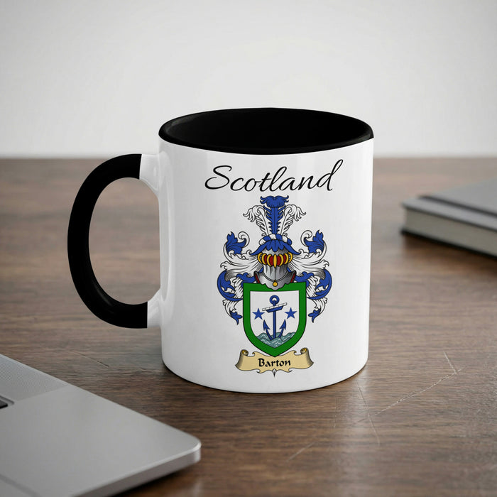 Barton Scottish family crest accent mug with Scotland lettering and coat of arms artwork