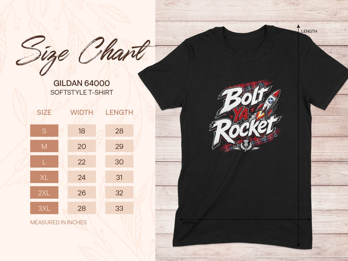 Black Gildan t-shirt with "Bolt Ya Rocket" graphic and size chart.