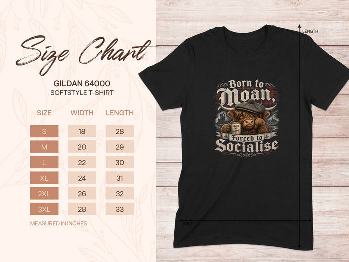 Gildan 64000 softstyle t-shirt size chart with highland cow graphic.