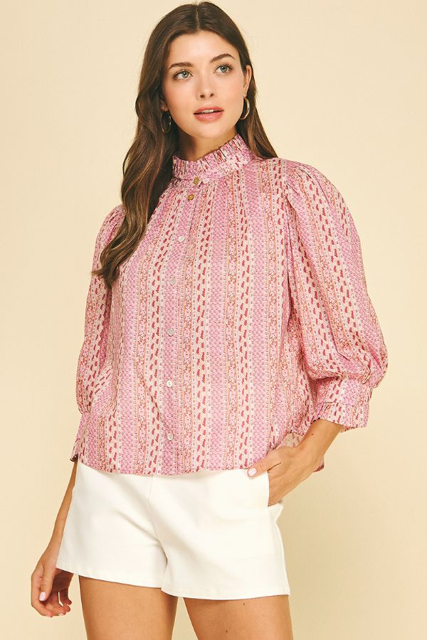 BOTANICAL PRINT SHIRT WITH RUFFLE COLLAR - PINK