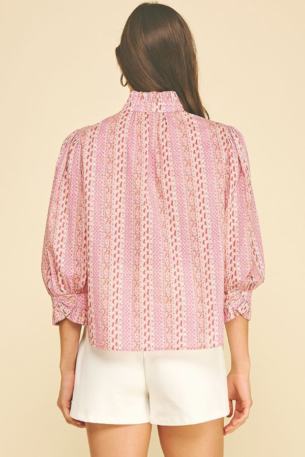 BOTANICAL PRINT SHIRT WITH RUFFLE COLLAR - PINK