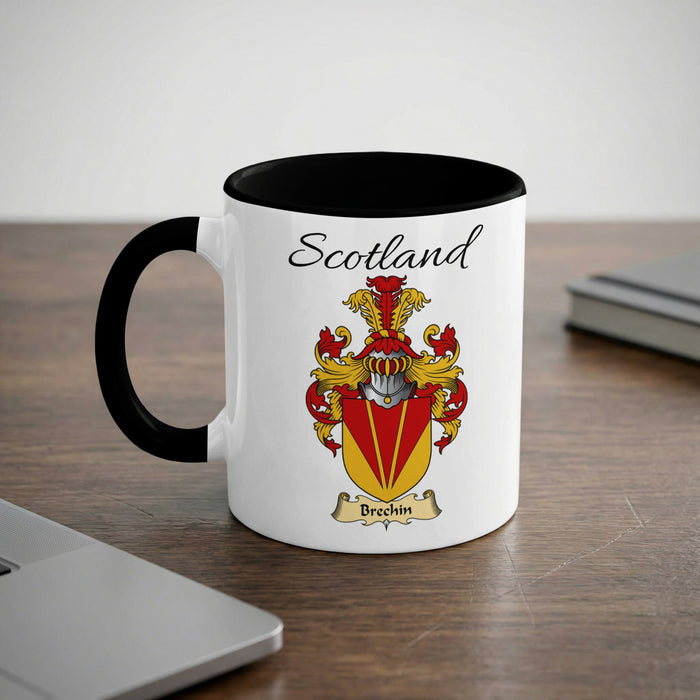 Brechin Scottish family crest accent mug with Scotland lettering and coat of arms artwork