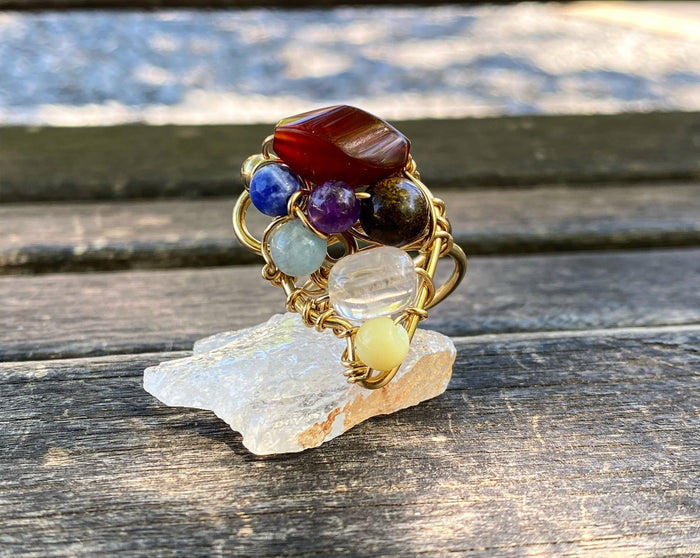 BRONZE+AGATE+ROSE QUARTZ+BRONZITE+  AMETHYST+ AQUAMARINE+BLUE QUARTZ  +CARNELIAN PARTY RING