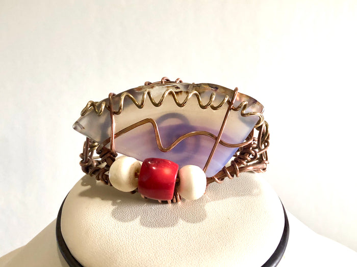 BRONZE+COPPER+RED CORAL+AGATE CUFF BRACELET