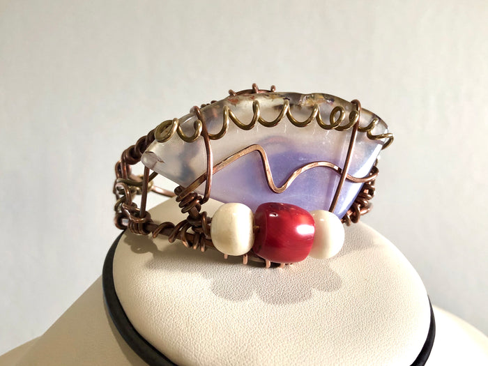 BRONZE+COPPER+RED CORAL+AGATE CUFF BRACELET