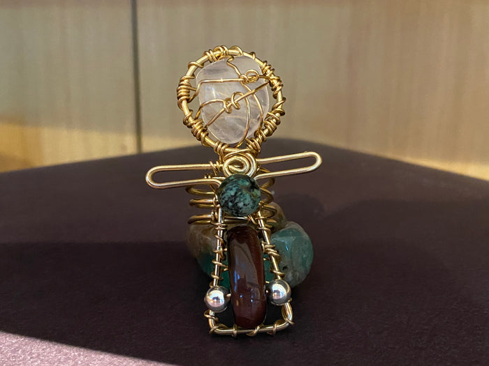 BRONZE+ROSE QUARTZ+TURQUOISE  +SILVER+RED TIGERS EYE ANKH RING
