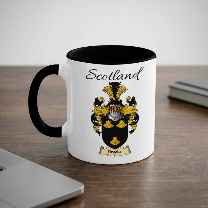 Brooks Scottish family crest accent mug with Scotland lettering and coat of arms artwork