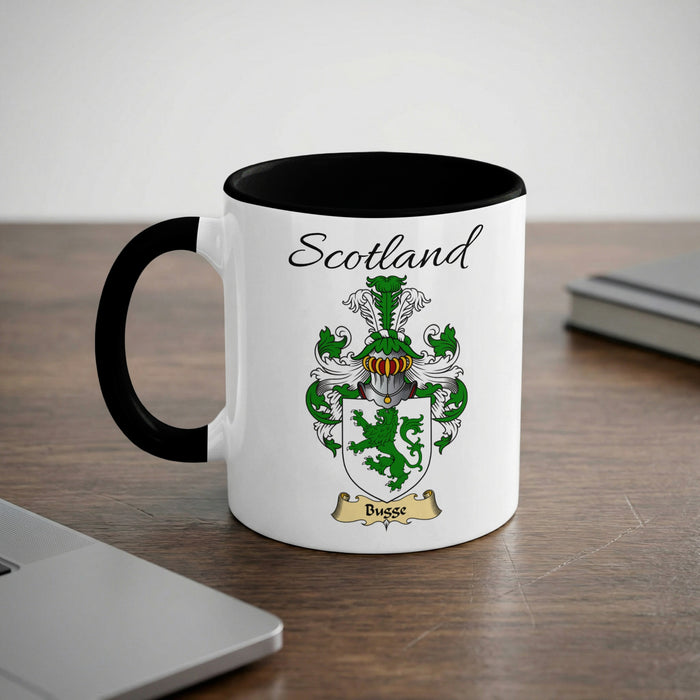 Busse Scottish family crest accent mug with Scotland lettering and coat of arms artwork