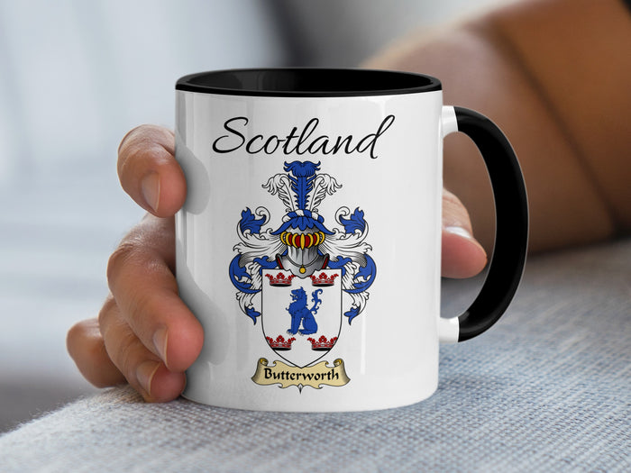 Butterworth Scottish family crest accent mug with Scotland above the coat of arms design