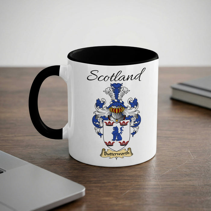 Butterworth Scottish family crest accent mug with Scotland lettering and coat of arms artwork