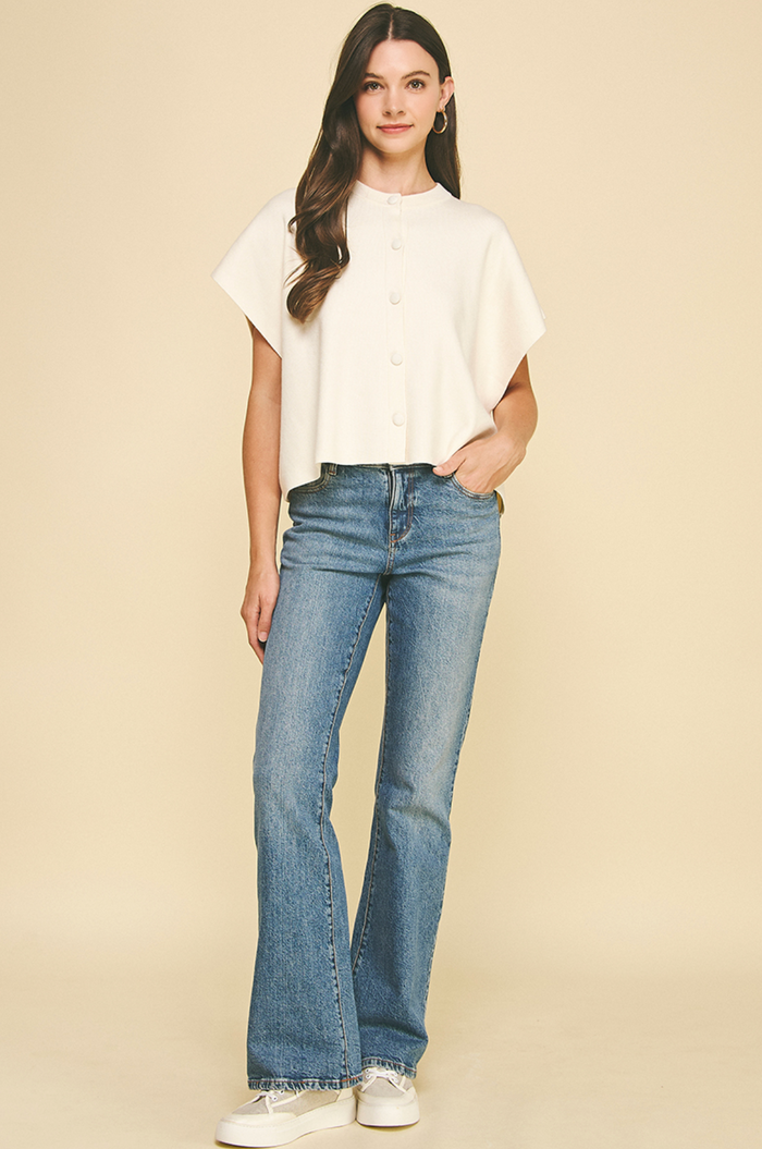 BUTTON DOWN CAP SLEEVE SWEATER - IVORY