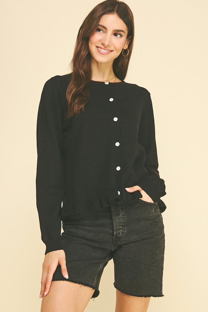 BUTTON DOWN CARDIGAN WITH PLEAT - BLACK