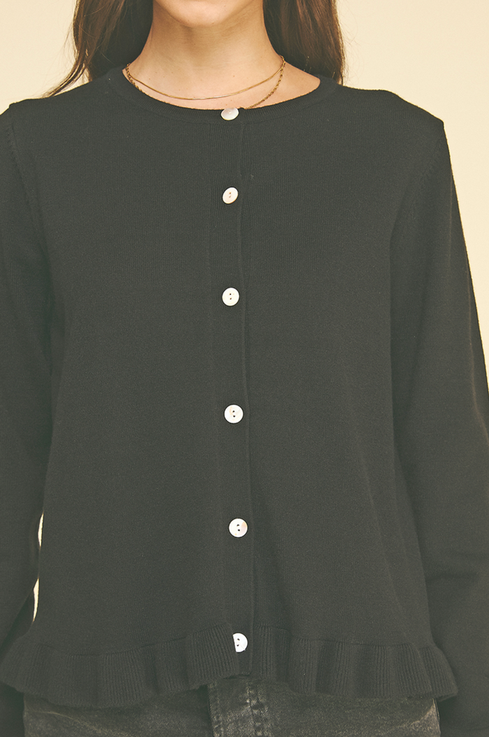 BUTTON DOWN CARDIGAN WITH PLEAT - BLACK