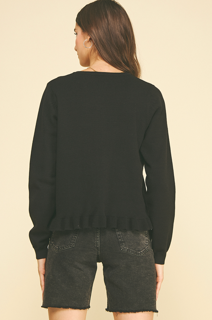 BUTTON DOWN CARDIGAN WITH PLEAT - BLACK