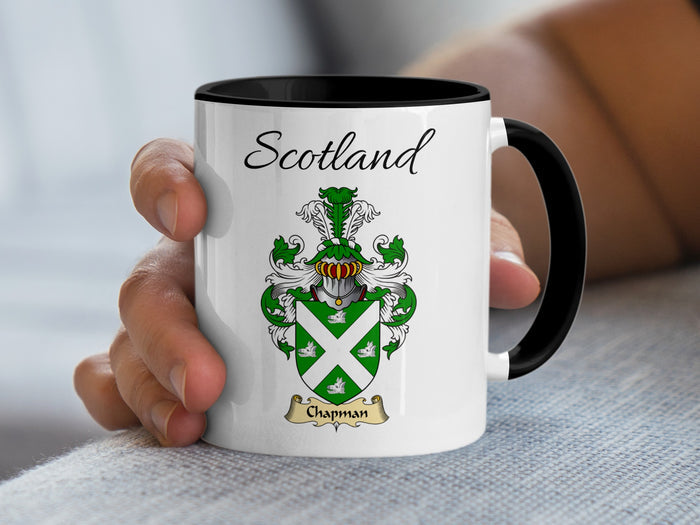 Chapman Scottish family crest accent mug with Scotland above the coat of arms design