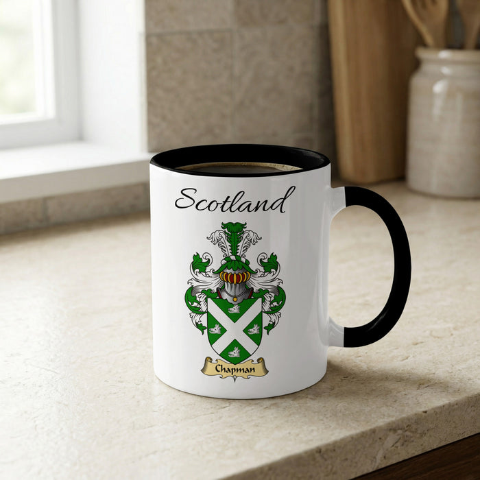 Chapman Scottish family crest accent mug with Scotland lettering and coat of arms artwork