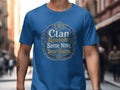 Blue t-shirt with "Clan Reunion: Same Nose, Same Opinions" text and Scottish thistle design.