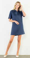 COLLARED SUEDE SHORT DRESS - NAVY