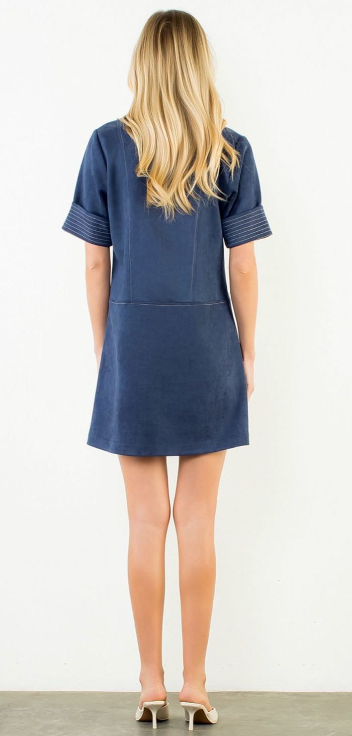 COLLARED SUEDE SHORT DRESS - NAVY
