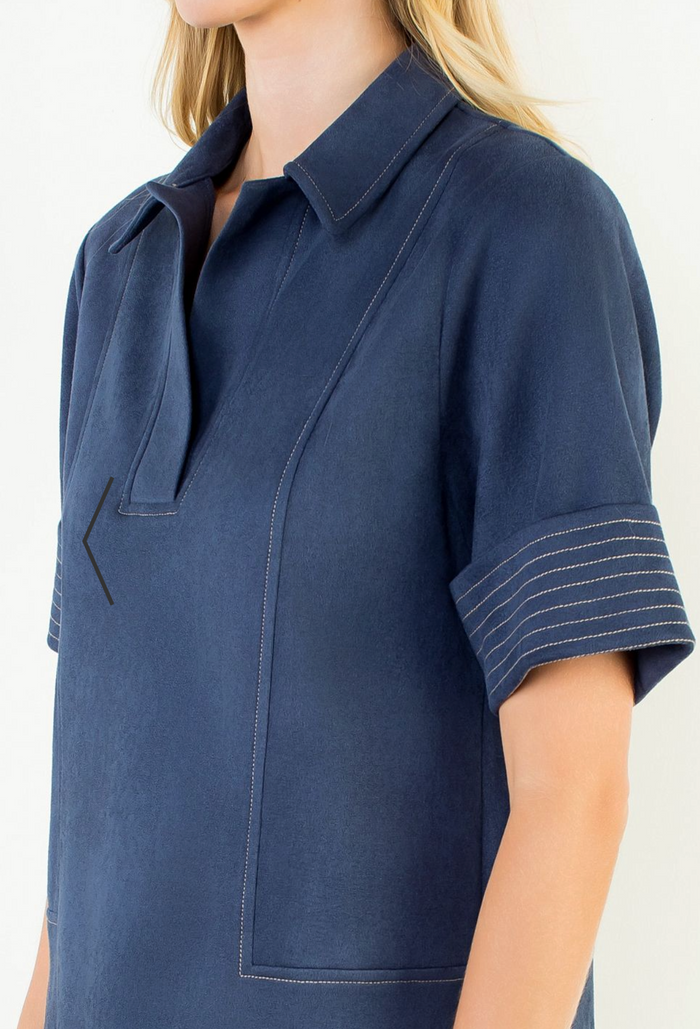 COLLARED SUEDE SHORT DRESS - NAVY