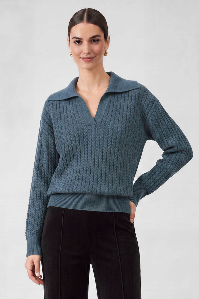 COLLARED V-NECK LONG SLEEVE CABLE SWEATER - DUSTY BLUE