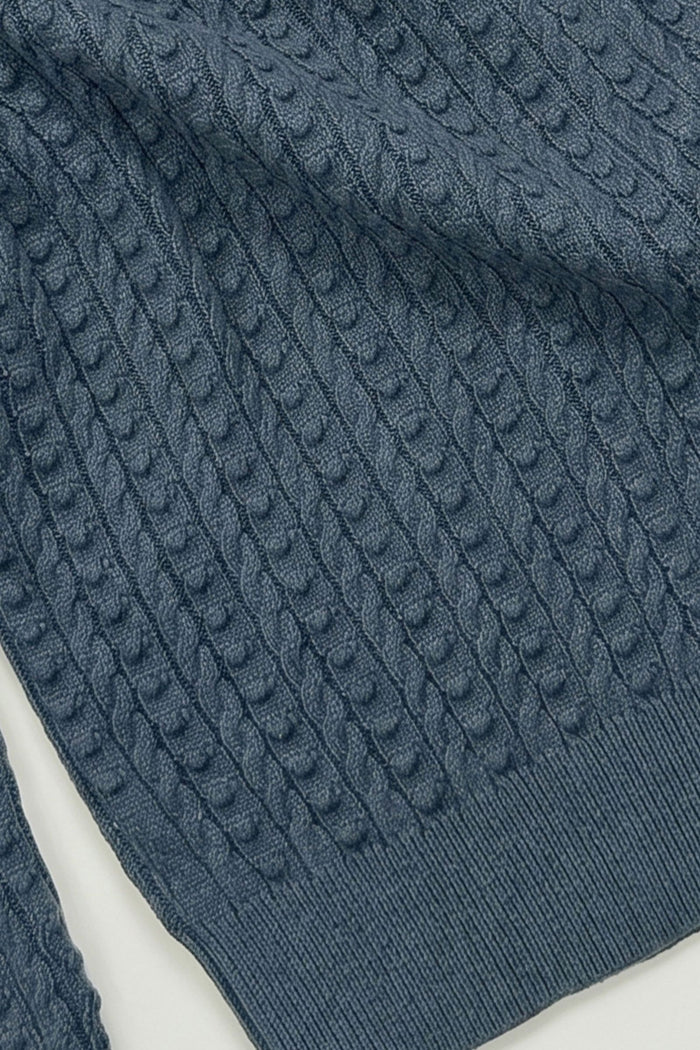 COLLARED V-NECK LONG SLEEVE CABLE SWEATER - DUSTY BLUE