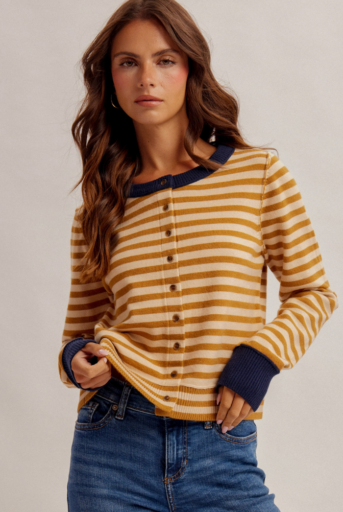 CONTRAST COLOR BLOCK STRIPE BUTTON DOWN CARDIGAN