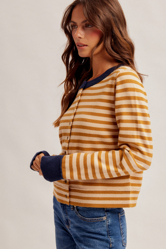 CONTRAST COLOR BLOCK STRIPE BUTTON DOWN CARDIGAN