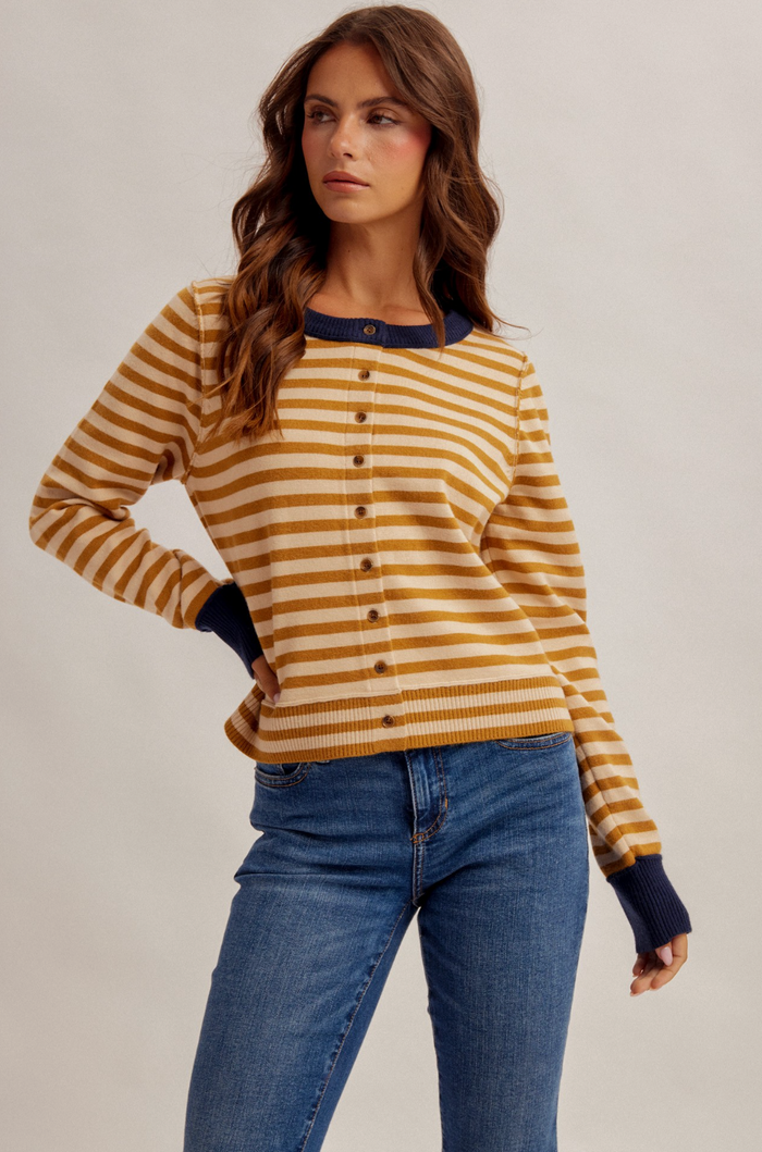 CONTRAST COLOR BLOCK STRIPE BUTTON DOWN CARDIGAN