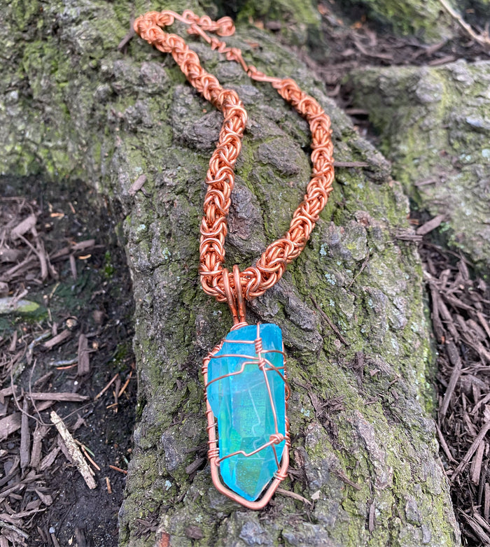 COPPER+AQUA AURA QUARTZ BYZANTINE NECKLACE