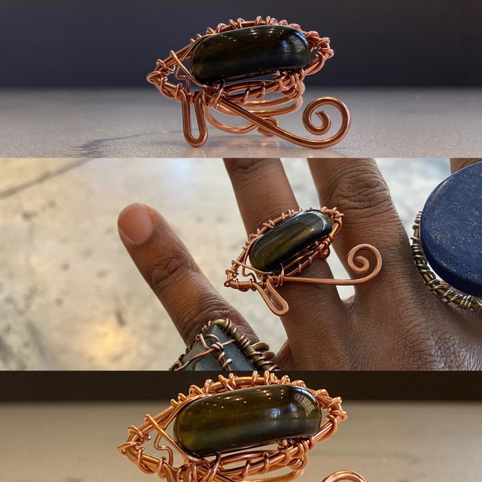 COPPER+BLUE TIGERS EYE EYE OF HERU RING
