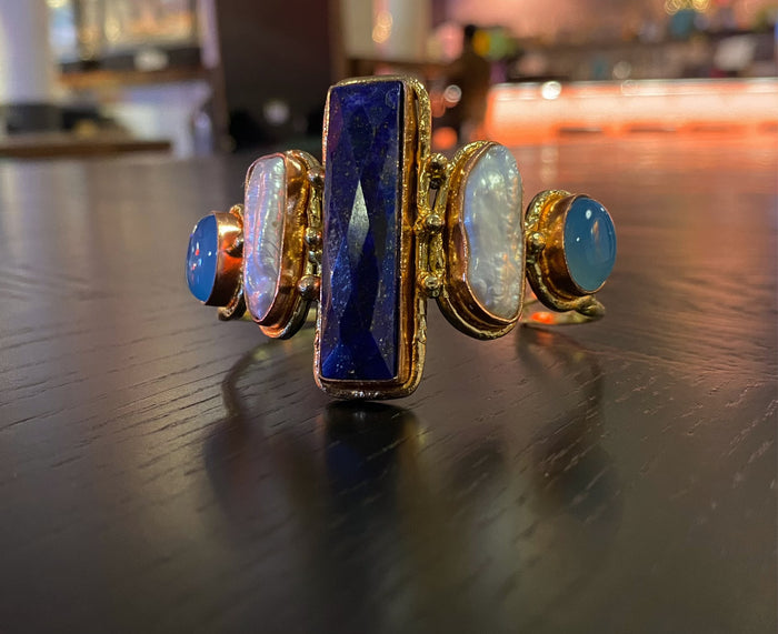 COPPER+BRASS+LAPIS LAZULI +PEARL+CHALCEDONY CUFF BRACELET