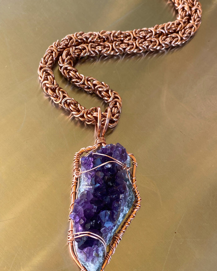COPPER+RAW AMETHYST BYZANTINE NECKLACE