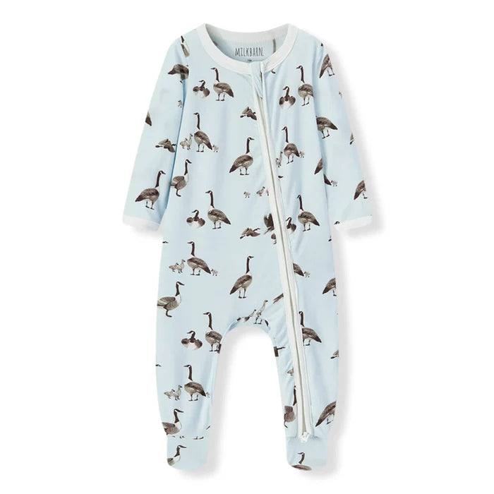 Cotton Stretch Zipper Footed Romper, Goose
