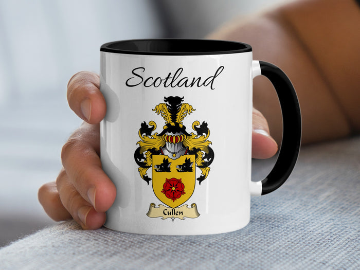 Cullen Scottish family crest accent mug with Scotland above the coat of arms design