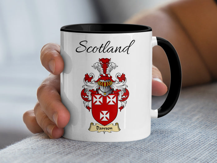 Dawson Scottish family crest accent mug with Scotland above the coat of arms design