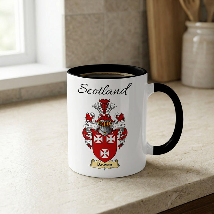 Dawson Scottish family crest accent mug with Scotland lettering and coat of arms artwork
